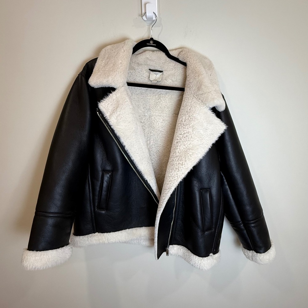 Joie Faux Fur Lined Black Faux Leather Aviator Moto Jacket XL - Picture 4 of 10